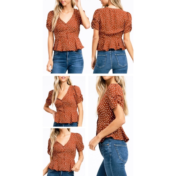 Rust Polka Dot Deep V Neck Button Peplum Shirt Top - Picture 3 of 8